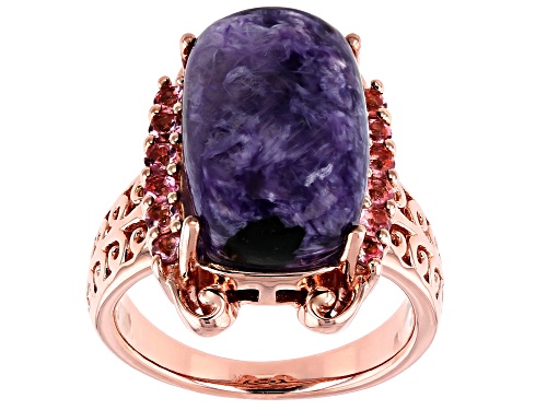 16X10mm rectangular cushion charoite & .48ctw round pink tourmaline 18k rose gold over silver ring - Size 7