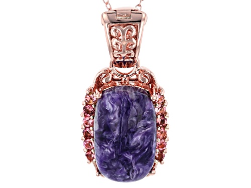 16X10mm charoite with .41ctw pink tourmaline 18k rose gold over silver enhancer/pendant with chain