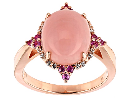 12x10mm Oval Peruvian Pink Opal, .32ctw Pink Sapphire & White Zircon 18k Rose Gold Over Silver Ring - Size 6