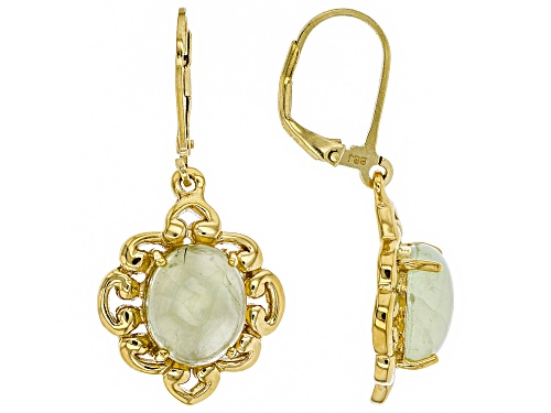 11X9MM OVAL CABOCHON PREHNITE SOLITAIRE 18K YELLOW GOLD OVER STERLING SILVER DANGLE EARRINGS