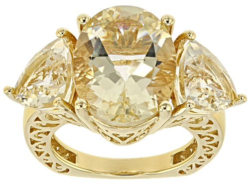 10.31CTW OVAL AND TRILLION YELLOW LABRADORITE 18K YELLOW GOLD OVER SILVER 3-STONE FILIGREE RING - Size 6