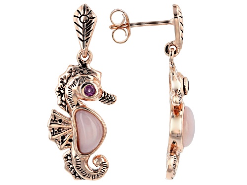 Peruvian Pink Opal and .05ctw Raspberry Color Rhodolite 18k Rose Gold Over Silver Seahorse Earrings