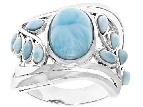 13X9MM OVAL AND 4X2MM PEAR SHAPE CABOCHON LARIMAR RHODIUM OVER STERLING SILVER BAND RING - Size 10