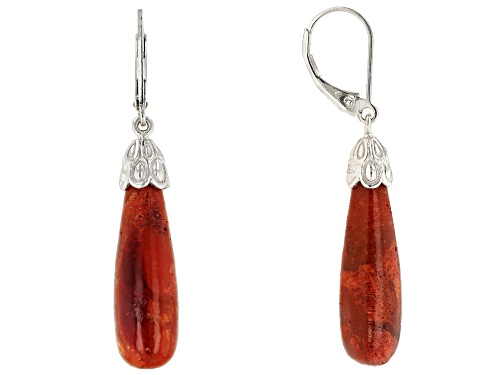 28X8MM TEARDROP SHAPE CABOCHON RED SPONGE CORAL RHODIUM OVER STERLING SILVER DANGLE EARRINGS