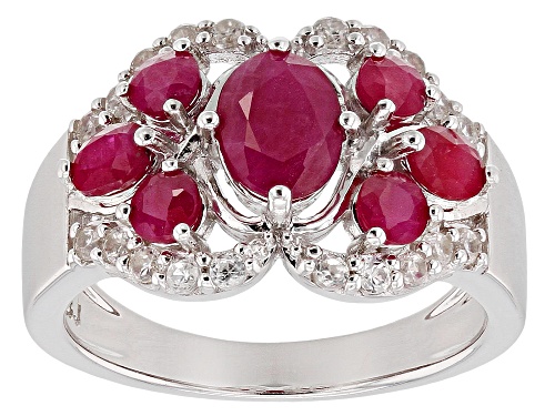 1.59ctw Oval and Round Burmese Ruby With .35ctw Round White Zircon Rhodium Over Silver Ring - Size 9