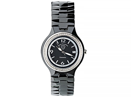 Swiss Tradition Women's Ceramic Black Band Mother of Pearl Dial Crystal Watch