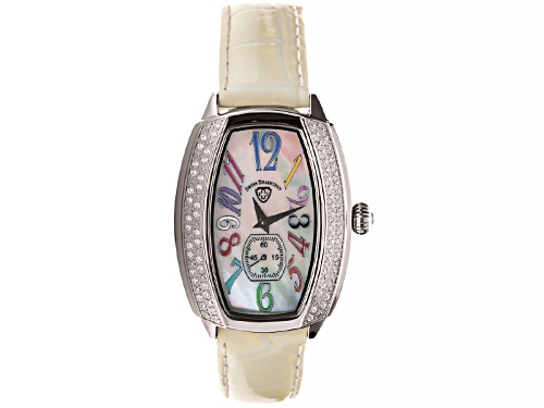 Photo of Swiss Tradition Tonneau Crystal Accented White Leather Strap Watch