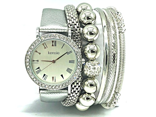 Kensie Silver and Crystal Watch with Accent Bracelet Set