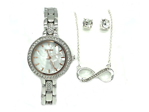Kensie Silver And Mother Of Pearl Watch With Earrings And Necklace Set
