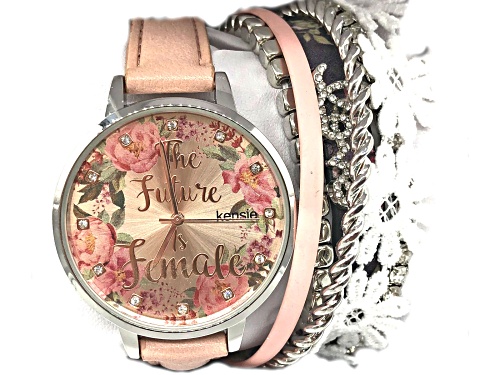 Photo of Kensie Ladies Floral Leather Band Watch With Accent Bracelet Set