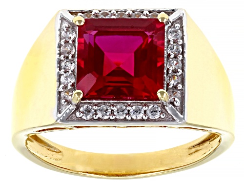 3.61ct Lab Created Ruby And 0.27ctw White Zircon 18k Yellow Gold Over Sterling Silver Men's Ring - Size 12