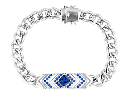 1.57ct Square With 1.12ctw Round Lab Created Blue Spinel Rhodium Over Sterling Silver Men's Bracelet - Size 9