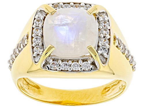 3.10ct Cushion Rainbow Moonstone With 1.63ctw White Zircon 18k Yellow Gold Over Silver Men's Ring - Size 13