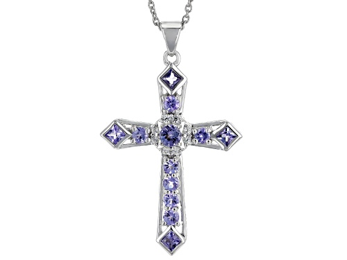 1.40ctw Tanzanite With 0.25ctw White Zircon Rhodium Over Sterling Silver Men's Cross Pendant/Chain