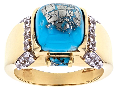 Photo of 10mm & 4x2mm Turquoise with 0.60ctw White Zircon 18k Yellow Gold Over Sterling Silver Men's Ring - Size 9