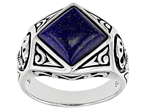 Photo of 10mm Square Cabochon Lapis Lazuli Rhodium Over Sterling Silver Men's Ring - Size 10