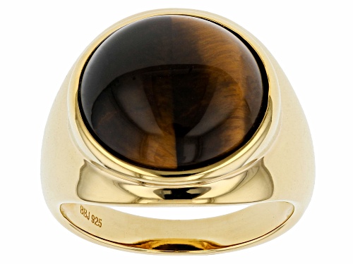 Photo of 15mm Round Brown Tigers Eye 18k Yellow Gold Over Sterling Silver Solitaire Men's Ring - Size 12