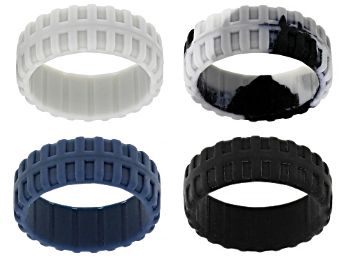Camo Grey, Black, Navy and Light Grey Set of 4 Men's Silicone Band Rings - Size 11