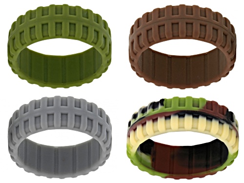 Camo Green, Olive, Grey and Brown Set of 4 Men's Silicone Band Rings - Size 10