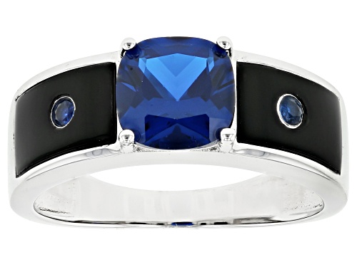 2.12ctw Lab Created Blue Spinel With Fancy Cut Black Onyx Rhodium Over Silver Men's Ring - Size 11