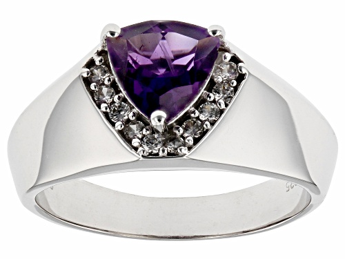 1.36ctw Trillion African Amethyst With 0.17ctw White Zircon Rhodium Over Sterling Silver Men's Ring - Size 12