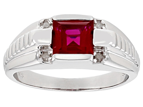 2.12ct Square Lab Created Ruby With 0.05ctw White Diamond Rhodium Over Sterling Silver Men's Ring - Size 13