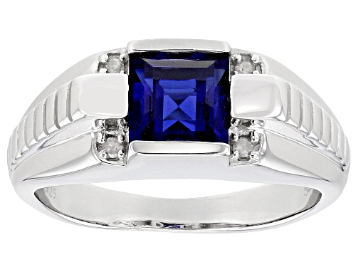 Photo of 2.12ct Lab Created Blue Sapphire With 0.05ctw White Diamond Rhodium Over Silver Men's Ring - Size 11