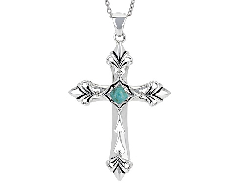 5x5mm Square Cushion Composite Turquoise Sterling Silver Men's Cross Pendant With Chain