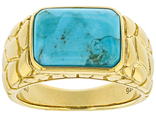 Photo of 13x10mm Rectangular Octagonal Turquoise 18k Yellow Gold Over Sterling Silver Men's Ring - Size 12