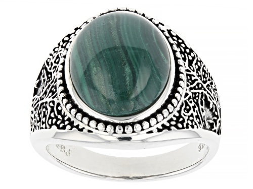 16x12mm Oval Malachite Sterling Silver Men's Tree Of Life Ring - Size 9