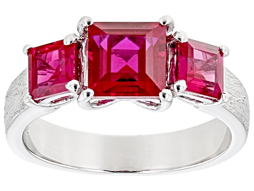 3.44ctw Square Lab Created Ruby Brushed Platinum Over Sterling Silver 3-Stone Men's Ring - Size 9