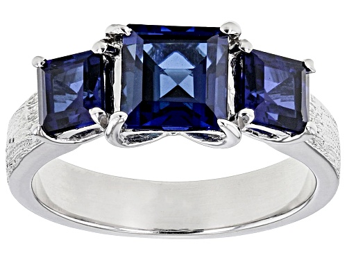 3.57ctw Square Lab Created Sapphire Brushed Platinum Over Sterling Silver 3-Stone Men's Ring - Size 11