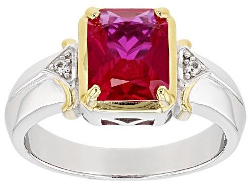 Photo of 3.40ct Lab Ruby With 0.03ctw Lab Sapphire Rhodium & 18k Gold Over Silver Two-Toned Men's Ring - Size 11