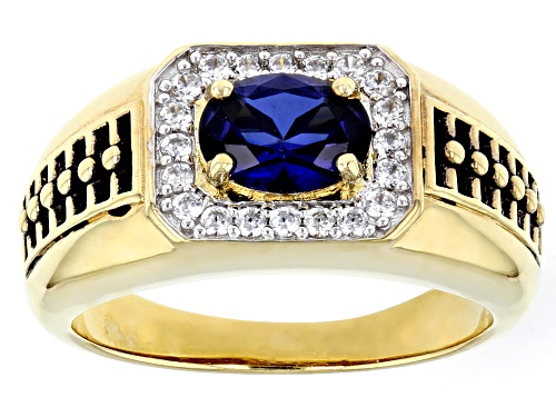 1.28ct Lab Blue Sapphire With 0.37ctw White Zircon 18k Yellow Gold Over Sterling Silver Men's Ring - Size 12