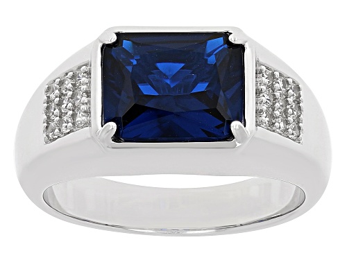 3.70ct Lab Created Blue Spinel With 0.32ctw White Zircon Rhodium Over Sterling Silver Men's Ring - Size 11