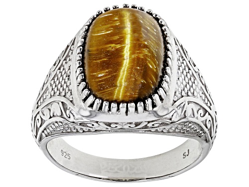 14x10mm Rectangular Cushion Tigers Eye Rhodium Over Sterling Silver Solitaire Men's Ring - Size 12