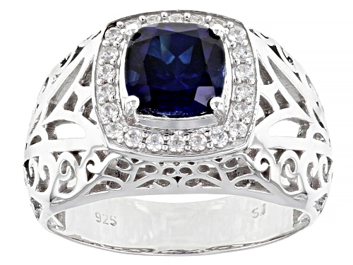 Photo of 1.89ct Cushion Lab Created Blue Sapphire With 1.21ctw White Zircon Rhodium Over Silver Men's Ring - Size 13