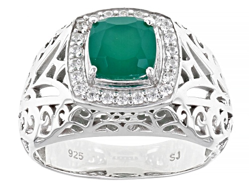 1.31ct Cushion Green Onyx With 1.10ctw White Zircon Rhodium Over Sterling Silver Men's Ring - Size 12