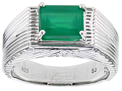 2.22ct Rectangular Octagonal Green Onyx Rhodium Over Sterling Silver Men's Ring - Size 11