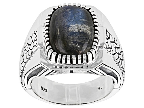 Photo of 14x10mm Gray Labradorite Rhodium Over Sterling Silver Men's Ring - Size 12