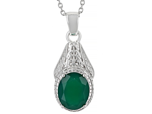 3.61ct Oval Green Onyx Rhodium Over Sterling Silver Men's Pendant With Chain