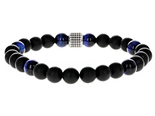 Blue Tigers Eye With Black Onyx Sterling Silver Stretch Bracelet - Size 8.5