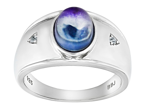 Photo of 10x8mm Bi-Color Fluorite With 0.10ctw Round White Zircon Rhodium Over Sterling Silver Men's Ring - Size 10