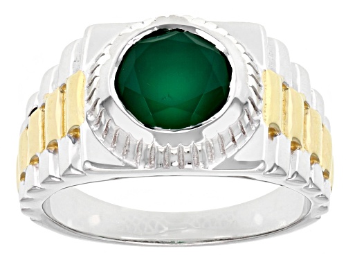 Photo of 2.20ct Round Green Onyx Rhodium Over Sterling Silver Two Toned Men's Ring - Size 10