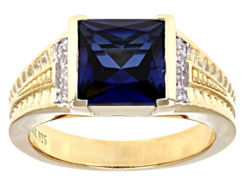 5.00ct Lab Created Blue Sapphire With 0.06ctw White Zircon 18k Yellow Gold Over Silver Men's Ring - Size 11