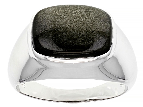 Photo of 14x10mm Rectangular Cushion Golden Obsidian Rhodium Over Sterling Silver Men's Ring - Size 12