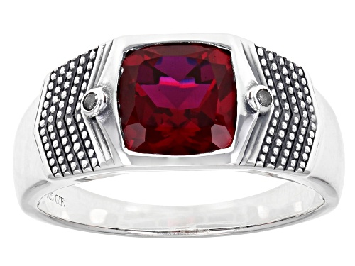 3.56ct Square Cushion Lab Created Ruby With 0.01ctw White Diamond Accent Sterling Silver Men's Ring - Size 9
