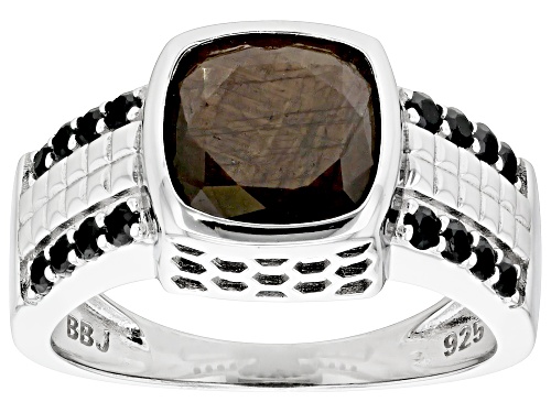 5.10ct Golden Sheen Sapphire With .64ctw Black Spinel Rhodium Over Sterling Silver Men's Ring - Size 10