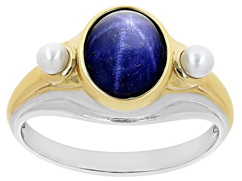 Photo of 3.50ct Star Sapphire With 3mm Cultured Freshwater Pearl Rhodium & 18k Gold Over Silver Men's Ring - Size 13