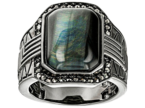 16x12mm Blue Tigers Eye With 1.25mm Marcasite, Black Rhodium Over Brass Men's Ring - Size 11